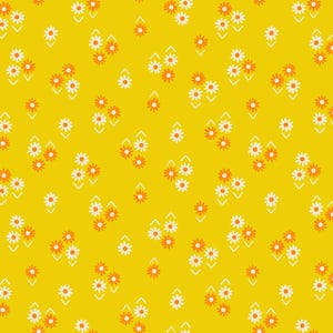 May include: A seamless pattern featuring small white and orange flowers on a bright yellow background. The flowers are arranged in a repeating pattern, creating a cheerful and vibrant design.