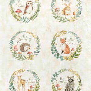 May include: Watercolor illustration featuring woodland animals in circular wreaths with inspirational phrases. The image includes an owl, rabbit, hedgehog, fox, deer, and raccoon, with text that reads "You are Loved" and "You are Cherished."