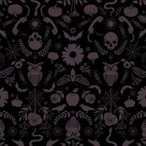 May include: A black and gray Halloween themed seamless pattern with various icons including owls, bats, pumpkins, skulls, spiders, and flowers.