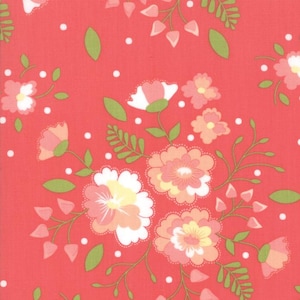 May include: A floral fabric with a coral background. The design features clusters of flowers in shades of white, peach, and yellow, with green leaves and stems. Small white dots are scattered throughout the pattern.