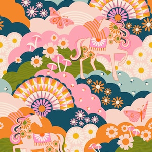 May include: A whimsical pattern featuring pink and orange horses with floral details, set against a backdrop of colorful clouds, flowers, and butterflies. The design is reminiscent of a retro 70s aesthetic.