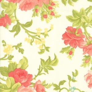 May include: Floral fabric with a cream background. The fabric features a repeating pattern of red and pink roses, green leaves, and yellow flower clusters. The roses are in full bloom, with detailed petals and a soft, romantic aesthetic.