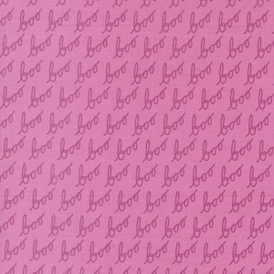 May include: A pink fabric with a repeating pattern of the word "boo" written in a cursive font.