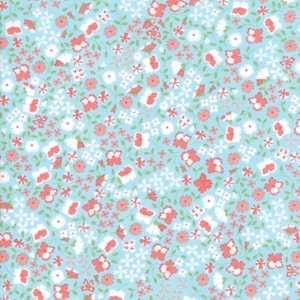 May include: A light blue fabric with a repeating floral pattern. The design features small red, white, and pink flowers, along with green leaves and stems. The flowers are scattered across the fabric, creating a delicate and charming aesthetic.