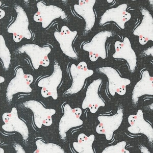 May include: A black and white pattern of ghosts with pink cheeks on a black background. The ghosts are in various positions and sizes.