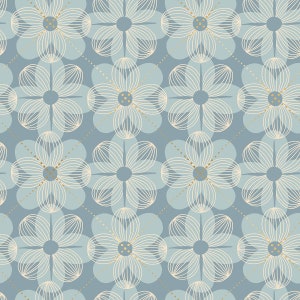 May include: A seamless pattern featuring a repeating design of white flowers with gold accents on a light blue background.