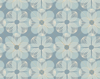 May include: A seamless pattern featuring a repeating design of white flowers with gold accents on a light blue background.