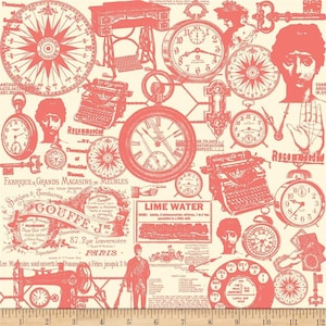 May include: A vintage-style fabric design featuring a repeating pattern of clocks, compasses, keys, typewriters, and other antique objects in a red color on a cream background. The fabric also includes text in French and English, including the words "Lime Water" and "Gouffe J. Ne 87. Rue Traversière Paris."