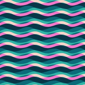 May include: Abstract wavy pattern in shades of teal, pink, and cream. The design features overlapping, horizontal waves creating a layered effect. The pattern is a seamless repeat, suitable for various applications.