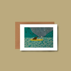 Carte pliante A5 avec ours dans un bateau, carte de vœux, carte d'anniversaire, carte postale, animal sauvage, animal de la forêt, décoration chambre d'enfant, bébé, carte de naissance