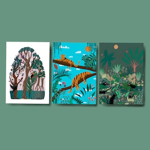 A6 Postkarten-Set mit Tierdruck 3 Stück, Grusskarten, Geburtstagskarten, Dschungel, Tiger, Panther, , Hochzeitskarte