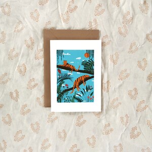 A5 Carte pliante Jungle avec tigre, oiseaux, carte de vœux, carte d’anniversaire, carte, illustration, art