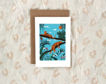 A5 Faltkarte Dschungel mit Tiger, Vögel, Grusskarte, Geburtstagskarte, Karte, Illustration, Kunst