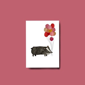 A6 Postkarte Dachs mit Ballonen, Grusskarte, Geburtstagskarte, Ansichtskarte
