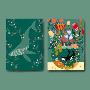 A6 Postkarten-Set mit Tierdruck 2 Stück, Grusskarten, Geburtstagskarten, Wal Blauwal Orca print, handmade, birthday card, Ansichtskarten