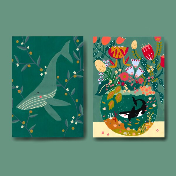 A6 postcard set with animal print 2 pieces, greeting cards, birthday cards, whale blue whale orca print, handmade, birthday card, postcards