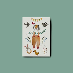 A6 Postkarte Karte auf die Geburt Strampler, Grusskarte, Geburtstagskarte, Doppelkarte birthday, Klappkarte, Tiere, love, Kinder, Baby
