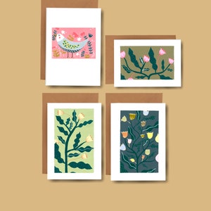 Conjunto de cartões dobráveis A5 com estampa floral, 4 peças, cartões de felicitações, cartões de aniversário, estampa de pássaros de flores, cartão duplo, cartão dobrável