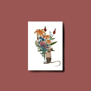 A6 Postkarte Maus mit Blumenstrauss, Grusskarte, Geburtstagskarte, Ansichtskarte