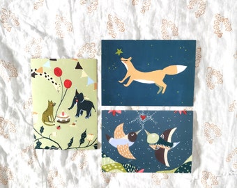 Ensemble de cartes postales A6 avec impression d’animaux 3 pièces, animaux dans le ciel, cartes de vœux, carte d’anniversaire, animaux sauvages, animaux de la forêt, carte mini-art, images colorées