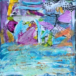 Small mini 8x8 original hand-painted abstract painting on paper, colorful acrylic paint and ink, affordable abstract wall art, unique gift