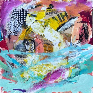 Small mini 8x8 original hand-painted abstract painting on paper, colorful acrylic paint and ink, affordable abstract wall art, unique gift