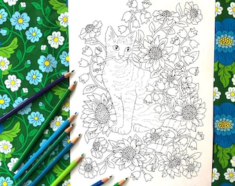 Serendipity, PDF printable coloring page, Instant Download, coloring sheet, Linda Forsberg, cat, kitten, cat in flowers, sitting cat, flower