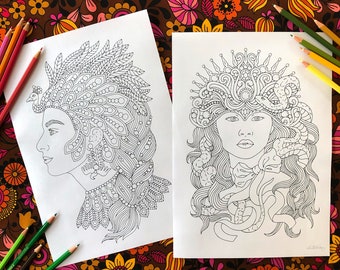 Snake and Feathers - set of 2 pages, PDF coloring pages, Instant Download Printable Files, Linda Forsberg, woman, snake, feathers, crown,