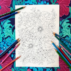 Gardeners Delight, PDF coloring page, Instant Download Printable File, living with art pdf, Linda Forsberg, rose, hydrangea, dahlia, rosebud