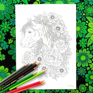 Silence, PDF coloring page, Instant Download Printable File for Adults and Kids, Linda Forsberg, braid, flower, fill in, horse, dreamlike