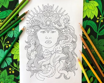 Snake Queen, PDF coloring page, Instant Download Printable File, living with art pdf, Linda Forsberg, woman, crown, snake, hair, pearls, bow