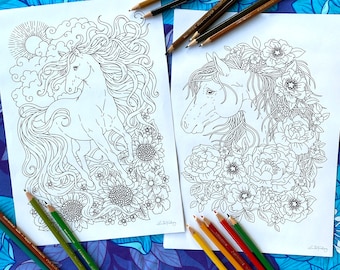 Horses - set of 2 pages, PDF coloring pages, Instant Download Printable Files, Linda Forsberg, horse, horses, braid, sun, peony, sunflower