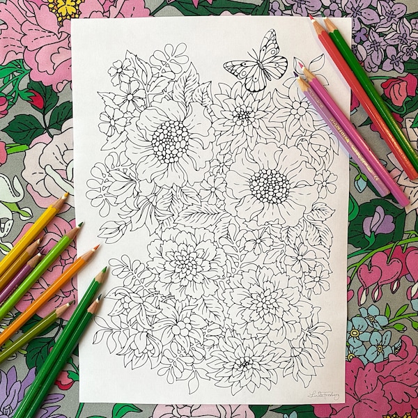 Flower Heaven, page de coloriage PDF, téléchargement immédiat fichier imprimable, vivre avec l'art pdf, Linda Forsberg dahlia lily papillon fleur d'été