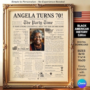 Plantilla personalizable de póster de trivia de periódico para el 70.° cumpleaños, edición de historia afroamericana, editable con Canva gratis Ideas de regalos para hacer tú mismo en 1955
