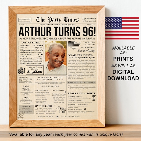 96th Birthday Gift Newspaper 96 years back in 1928 Her Him Personalized birthday party decoration sign idea | PRINTABLE or WE PRINT for You!