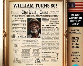 African American History Edition Customizable 80th Birthday Newspaper Trivia Poster Template Editable with a Free Canva 1945 DIY Gift Ideas