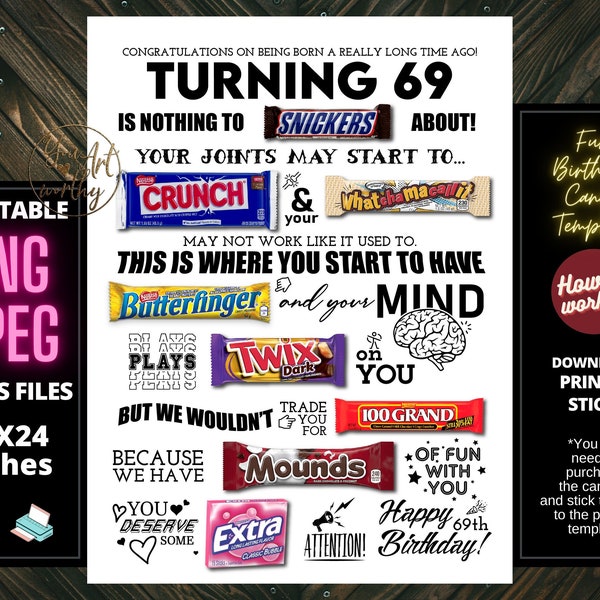 69th Birthday PRINTABLE Candy Poster | Birthday Candy Sign | Born in 1954 Gift Ideas | Candygram | Funny Birthday Board | DIY Party Decor