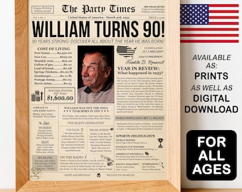 90th Birthday Newspaper Gift 90 years back in 1935 Personalized Him Her birthday party decoration sign idea | PRINTABLE or WE PRINT for You!