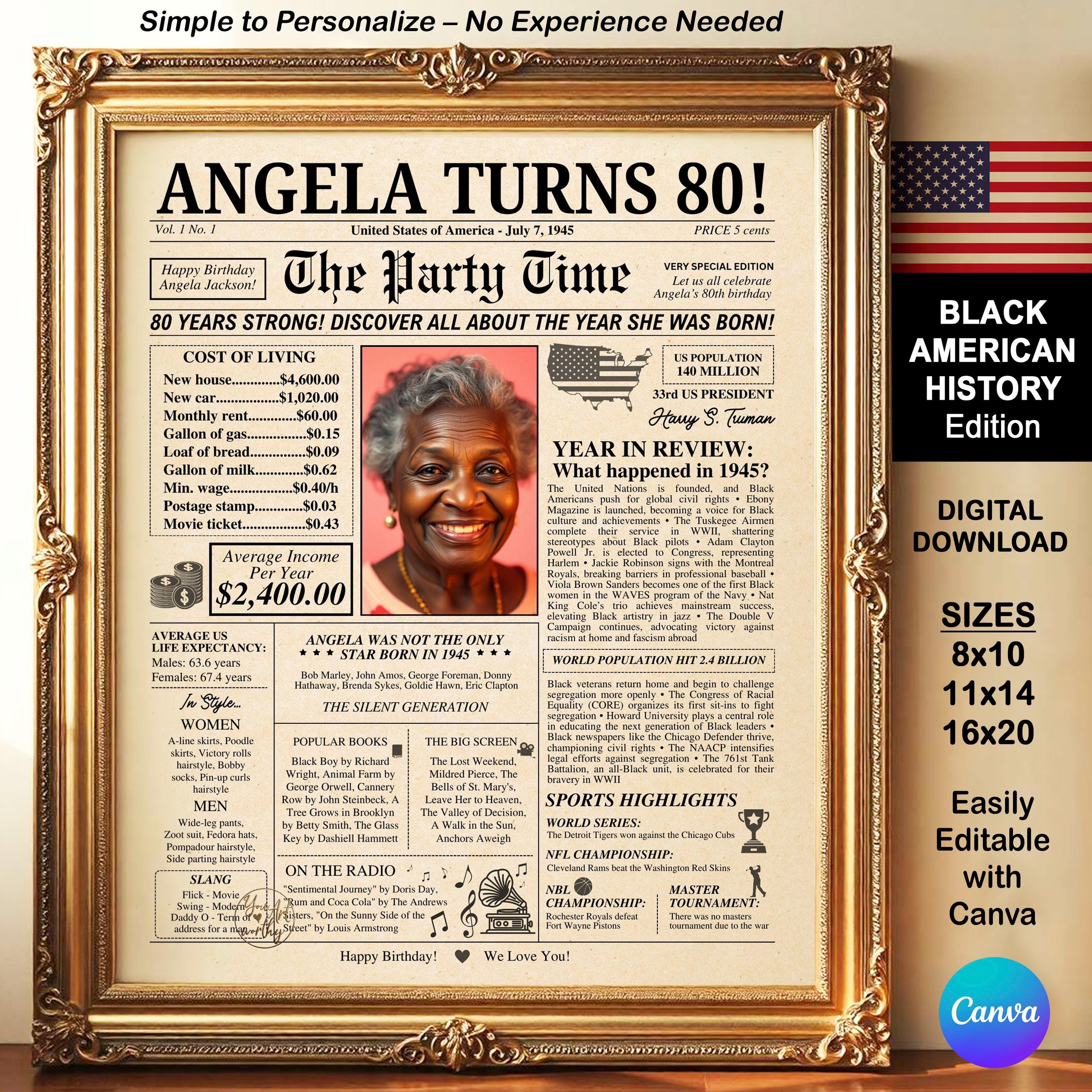 Black American History Edition Customizable 80th Birthday Newspaper Trivia Poster Template Editable with a Free Canva 1945 DIY Gift Ideas
