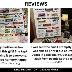 two pictures of candy bar signs with words on them