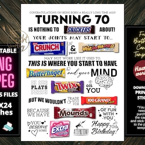 70th Birthday PRINTABLE Candy Poster | Birthday Candy Sign | Born in 1954 Gift Ideas | Candygram | Funny Birthday Board | DIY Party Decor