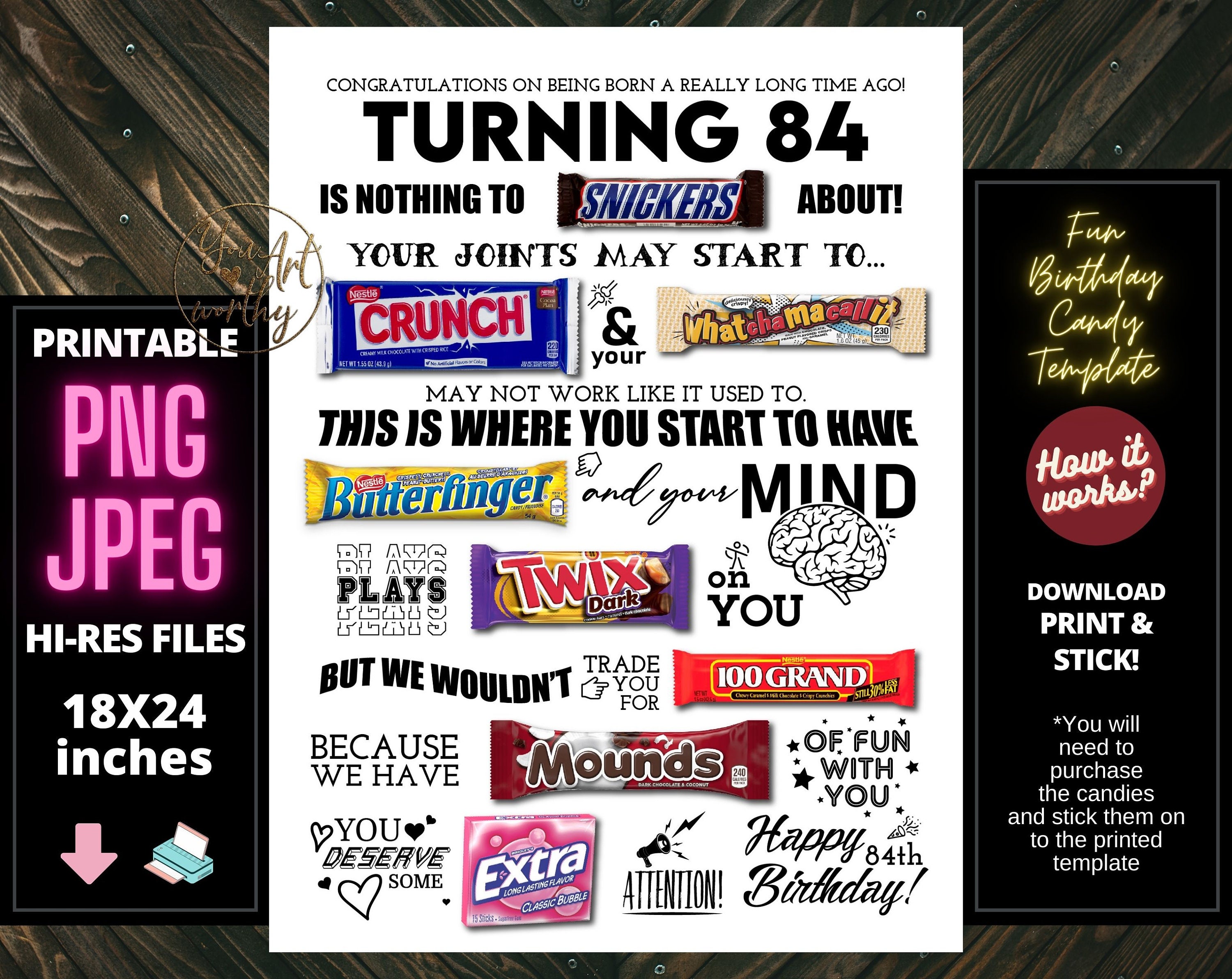 84th Birthday PRINTABLE Candy Poster | Birthday Candy Sign | Born in 1940 Gift Ideas | Candygram | Funny Birthday Board | DIY Party Decor