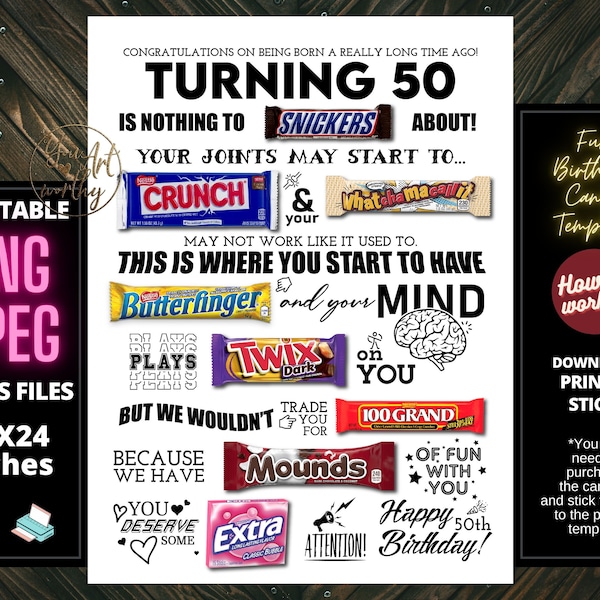 50th Birthday PRINTABLE Candy Poster | Birthday Candy Sign | Born in 1974 Gift Ideas | Candygram | Funny Birthday Board | DIY Party Decor