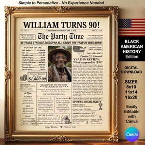 Plantilla personalizable para póster de trivia de periódico con motivo del 90.° cumpleaños, edición de historia afroamericana, editable con Canva gratis Ideas para regalos de bricolaje de 1935