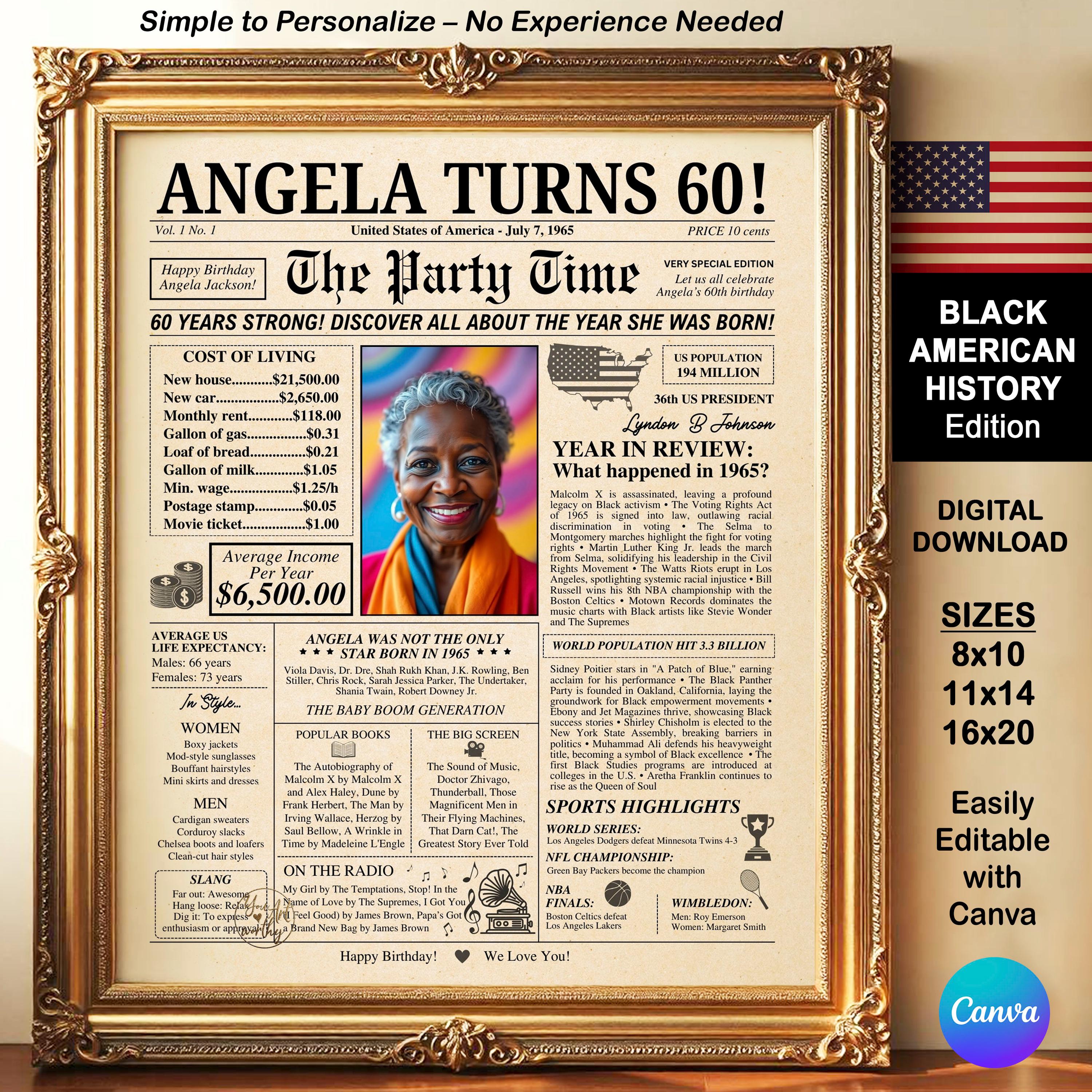 Black American History Edition Customizable 60th Birthday Newspaper Trivia Poster Template Editable with a Free Canva 1965 DIY Gift Ideas