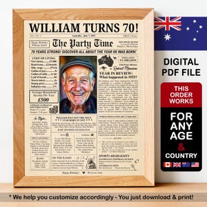 70.Geburtstag Zeitung Geschenk 70 Jahre zurück im Jahr 1955 Personalisierte Ihn Ihre Geburtstagsparty Dekoration Schild Idee DIY druckbare digitale PDF Datei
