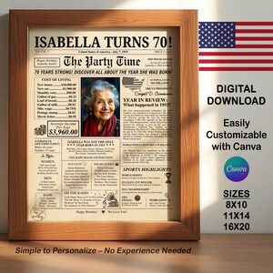 Modello di poster personalizzabile per il 70° compleanno, modello di poster di curiosità USA per il giornale, idee regalo fai da te per la nascita nel 1955, cartello per decorazioni per feste, modificabile con un Canva gratuito