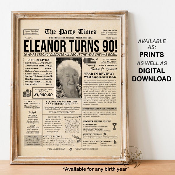 90th Birthday Gift for Her or Him 90 years back in 1934 Personalized birthday party decoration sign idea | PRINTABLE or WE PRINT for You!