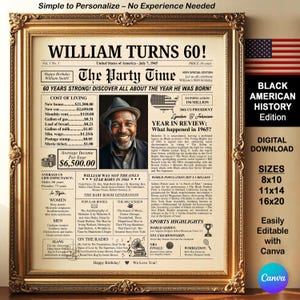 Afrikaans-Amerikaanse geschiedeniseditie Aanpasbare sjabloon voor 60e verjaardag krant Trivia-poster bewerkbaar met een gratis Canva 1965 doe-het-zelfcadeau-ideeën