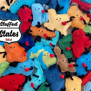May include: A collection of colorful plush toys shaped like different states in the USA. Each state has a smiling face and a small red heart. The toys are arranged in a pile, with the text "Stuffed States USA" visible in the center.